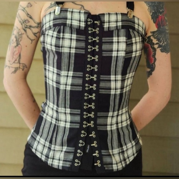 Tripp Nyc black & white plaid print schoolgirl corset & skirt set - Picture 3 of 17